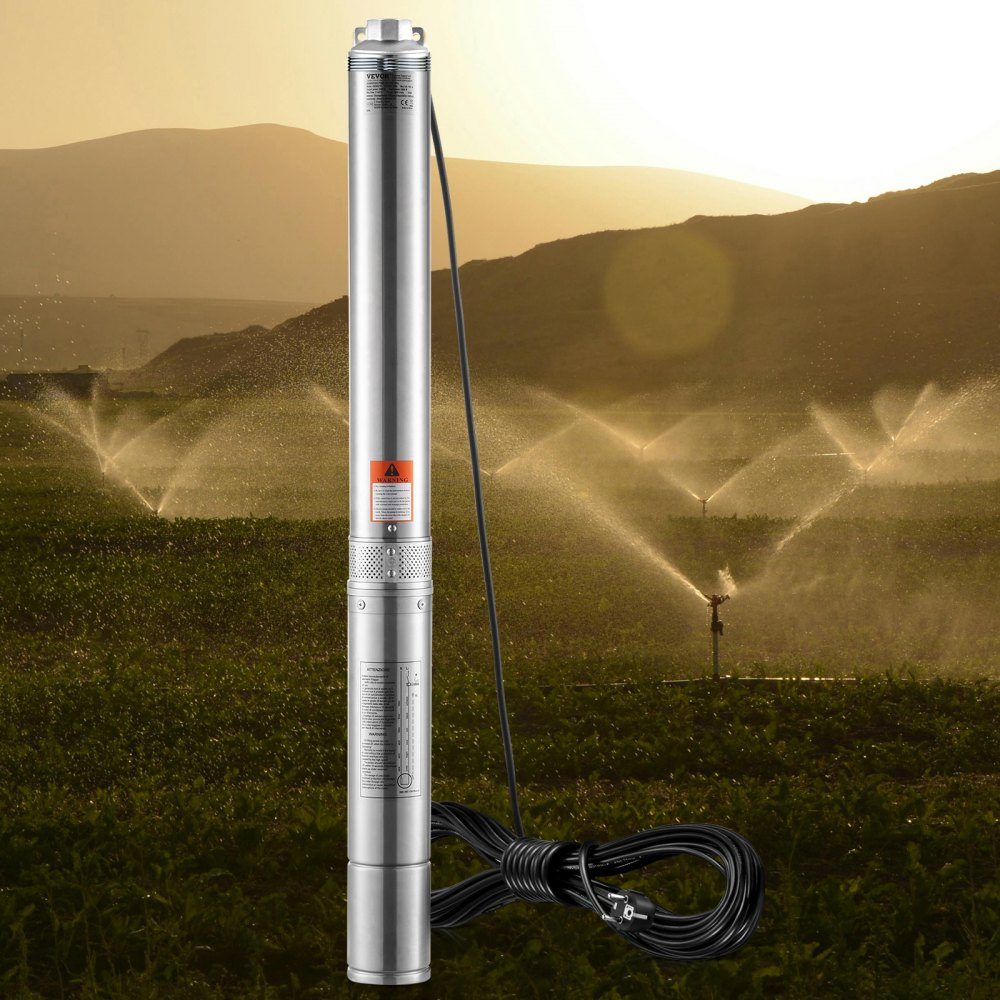 Tiefbrunnen-Tauchpumpe, 3 PS/2200 W, 230 V/50 Hz, 9,8 m3/h Durchfluss, 144 m Förderhöhe, mit 9,1 m Stromkabel, Edelstahl-Wasserpumpen für Industrie, Bewässerung und Heimgebrauch, Wasserschutzklasse IP68