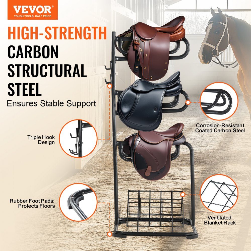Freestanding saddle stand, 3 tier saddle stand, heavy duty saddle cover stand, removable and rotating, English and western saddle stand for saddle room organization