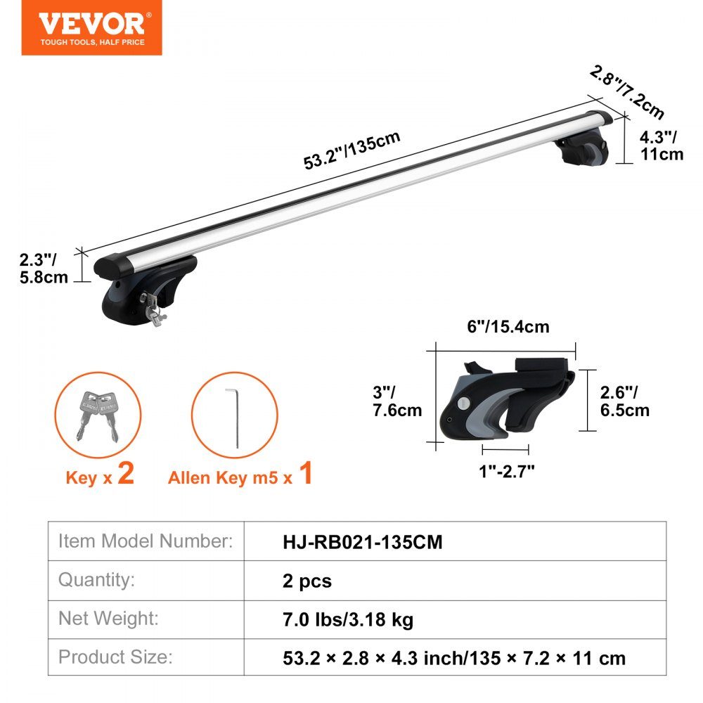Porte-bagages de toit universel pour voiture, barre transversale en aluminium, capacité de charge de 90 kg, pour rail latéral surélevé avec espace, adapté à la distance intérieure de la poutre de toit 19-116 cm, diamètre du tube 28-68 mm