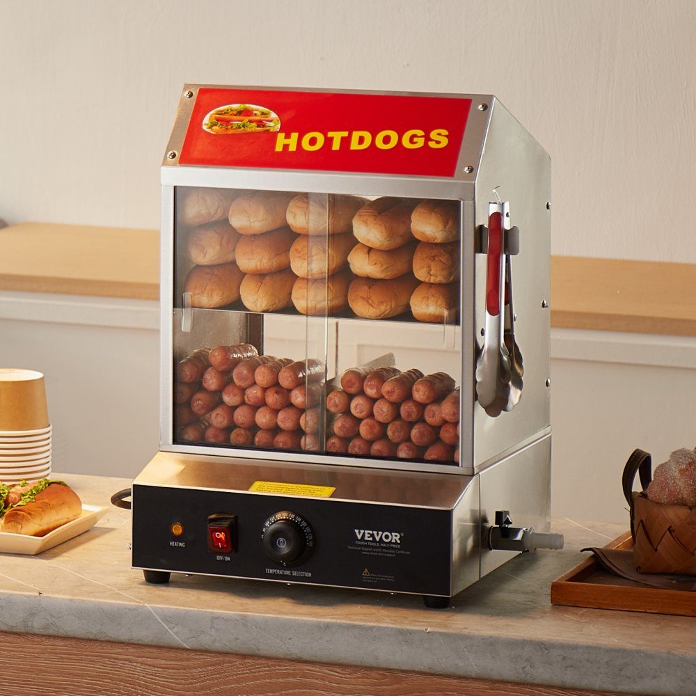Parowiec do hot dogów, 2-poziomowy parowiec do hot dogów, 27 l, regulacja temperatury 30 ℃ ~ 85 ℃, elektryczny podgrzewacz bułek z drzwiami przesuwnymi z hartowanego szkła, szczypce do płytek oddzielających, stal nierdzewna, do hot dogów i bułek