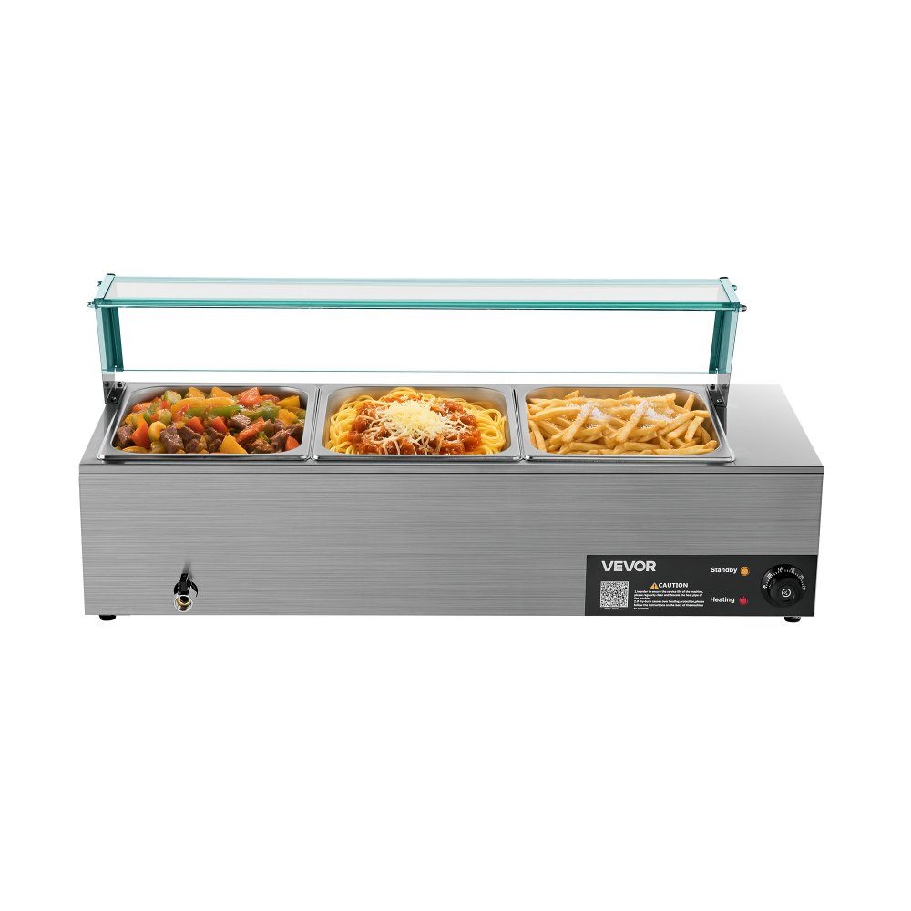 Commercial Food Warmer (3 Size 1/2 Containers), 1.5KW Stainless Steel Electric Warming Container with Glass Cover and Soup Ladle, Chafing Dishes for Catering Restaurant Parties