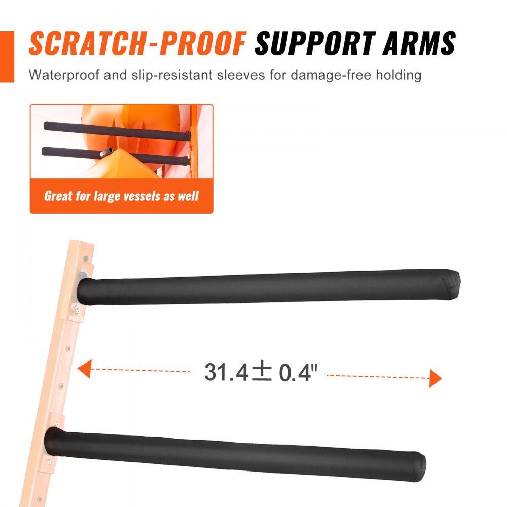 Wieszak na kajak do montażu ściennego 1168 x 850 x 45 mm Stojak na kajak na 4 kajaki 797,5 ± 10 mm Długość ramienia nośnego 400 funtów Nośność Stojak do przechowywania kajaków Wytrzymałe haczyki do przechowywania kajaków
