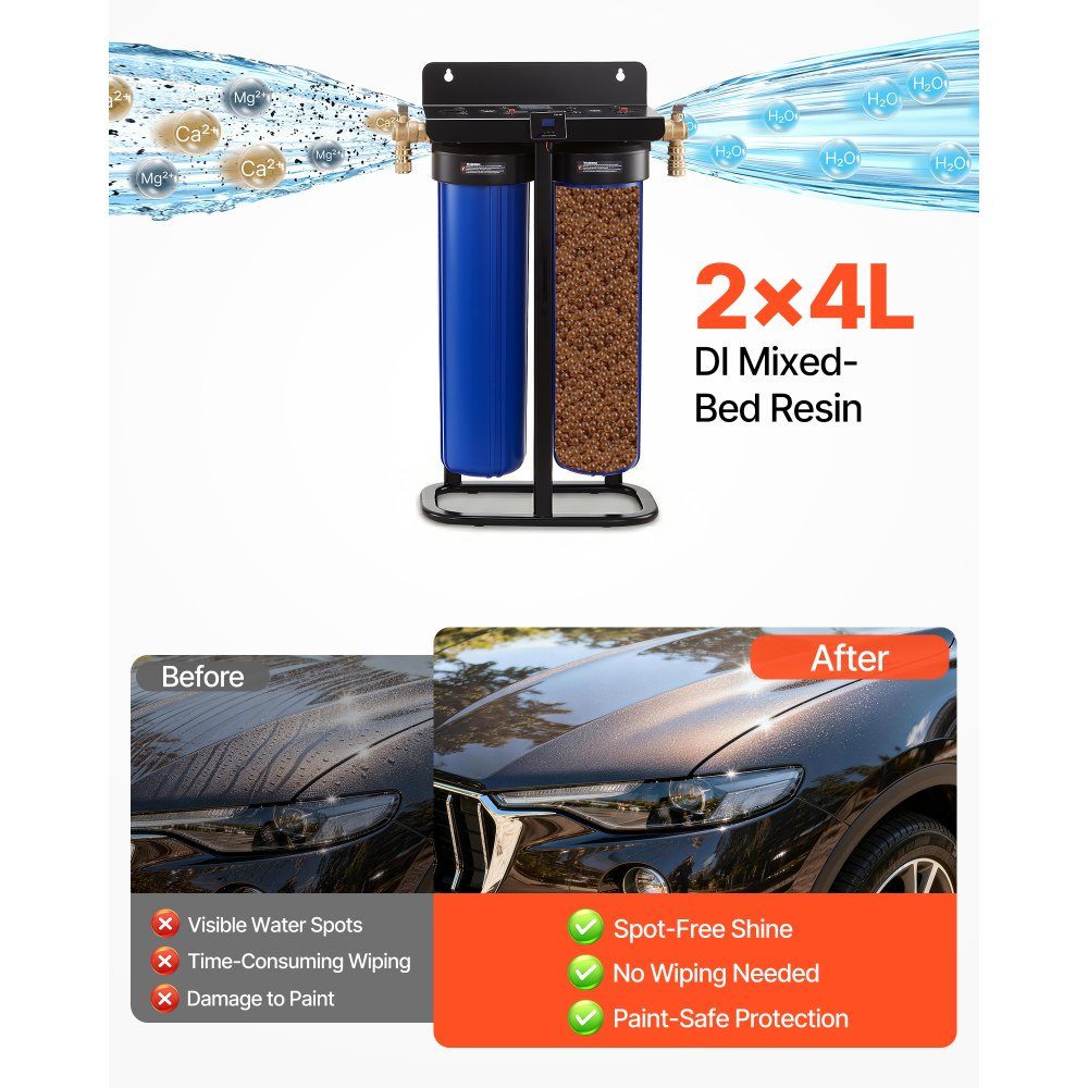 Deionized Car Wash Water System 1250L, Car Wash Water Deionizer with Two 4L Mixed DI Resin Filter Cartridges, Deionized Car Wash System with Stand and Bypass Valve