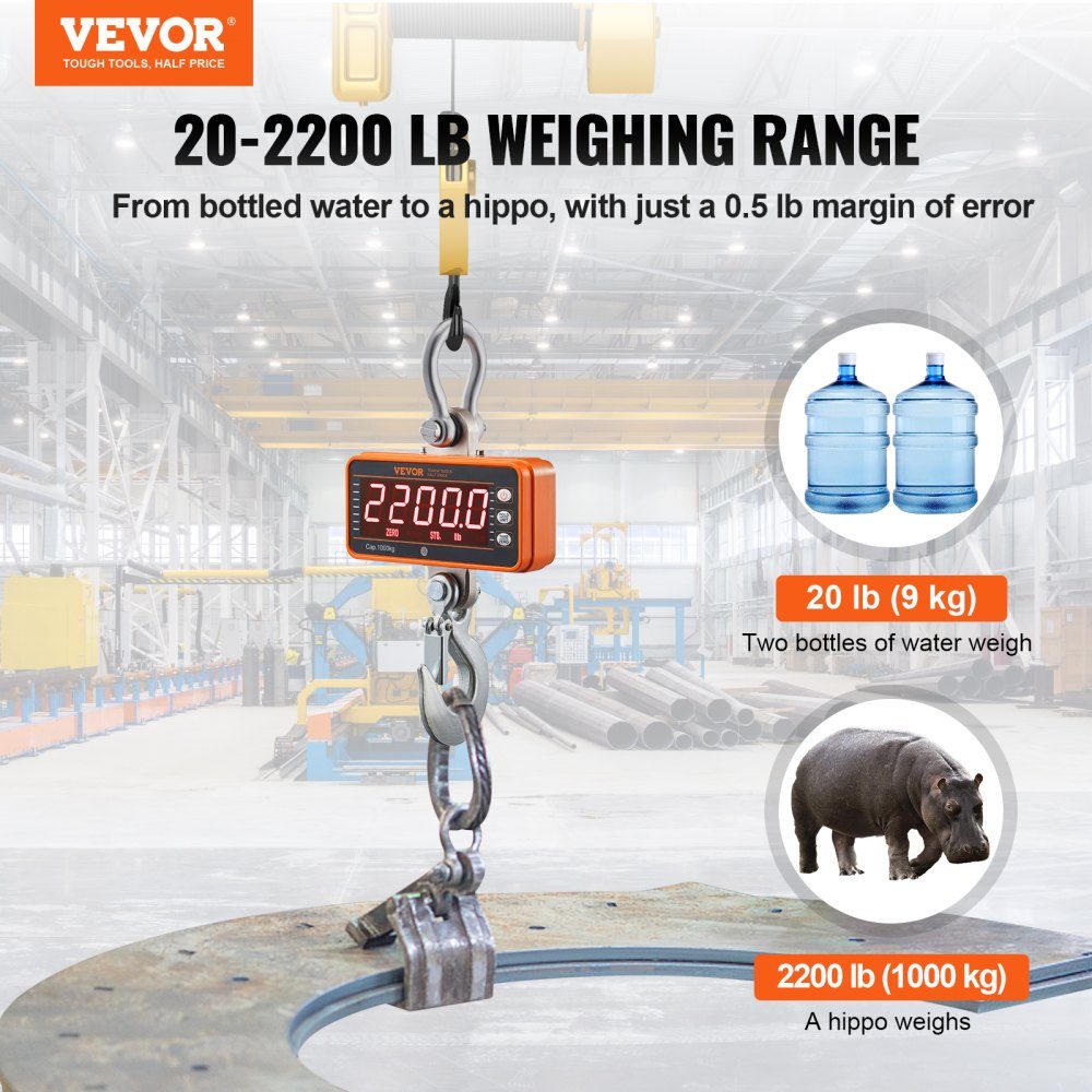 Digitale Hängewaage, 9 bis 1000 kg, Kranwaage, lbs/kg/N, Zugwaage, 0,2 kg Genauigkeit, Spielwaage, Industriewaage, LED-Display, Hängewaage, tragbare Mini-Waage mit Fernbedienung, 9 Funktionen