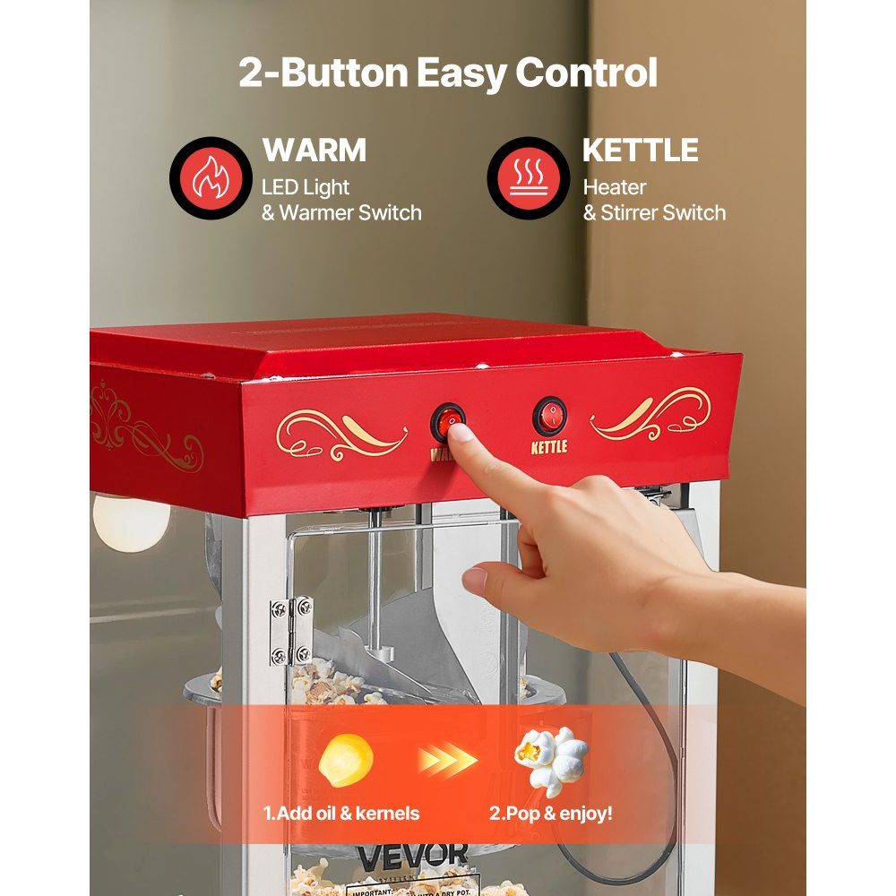 Popcorn Machine with Stainless Steel Boiler, 800W Commercial Popcorn Machine, 48 Cups per Load, Cinema Style, with 2 Button Control, Glass Wall, PC Door, 1 Scoop, 3 Spoons, Red