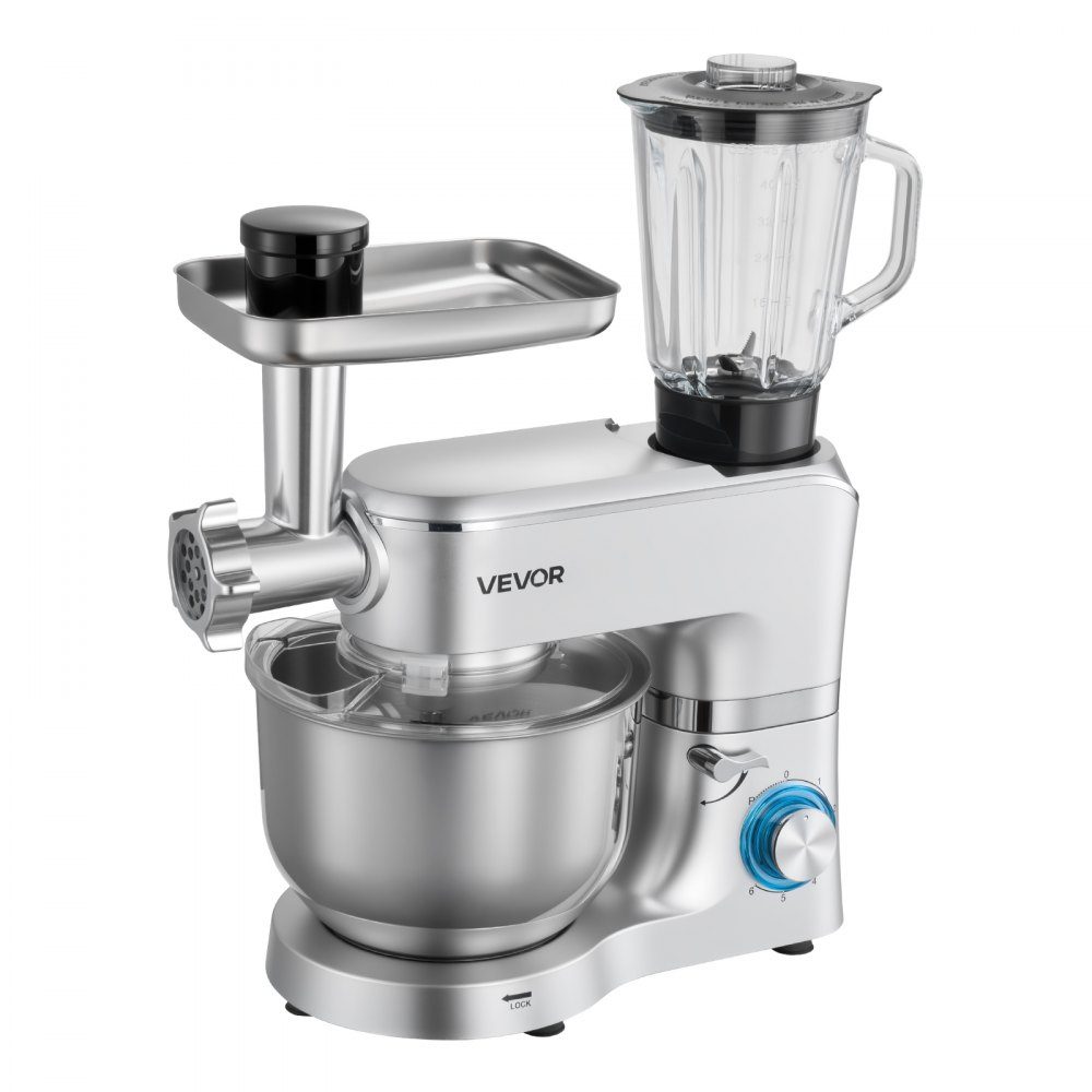 Multifunctional electric food processor 1500 W with stainless steel bowl (6 l) and mixing cup (1.5 l), kneading machine, dough mixer with 6+P speeds, dough hook, whisk and beater