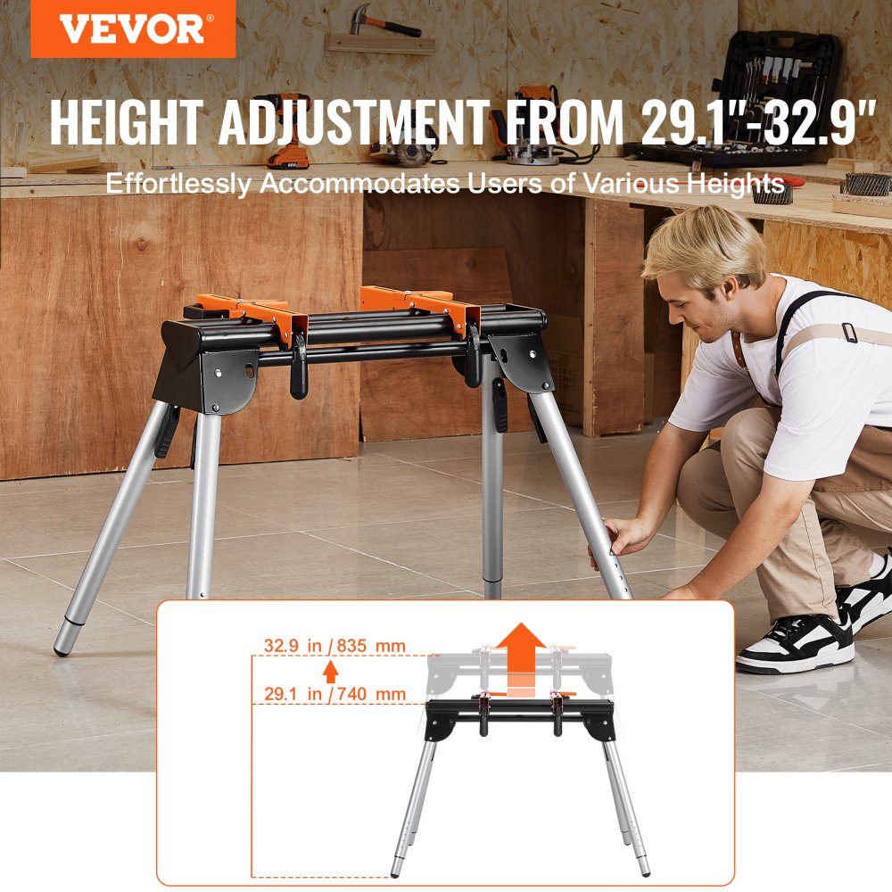 Miter Saw Stand, 150kg Load Capacity, Steel Miter Saw Stand with One-Piece Mounting Brackets, 29-33 Inch, Height Adjustable, Folding Miter Saw Stand