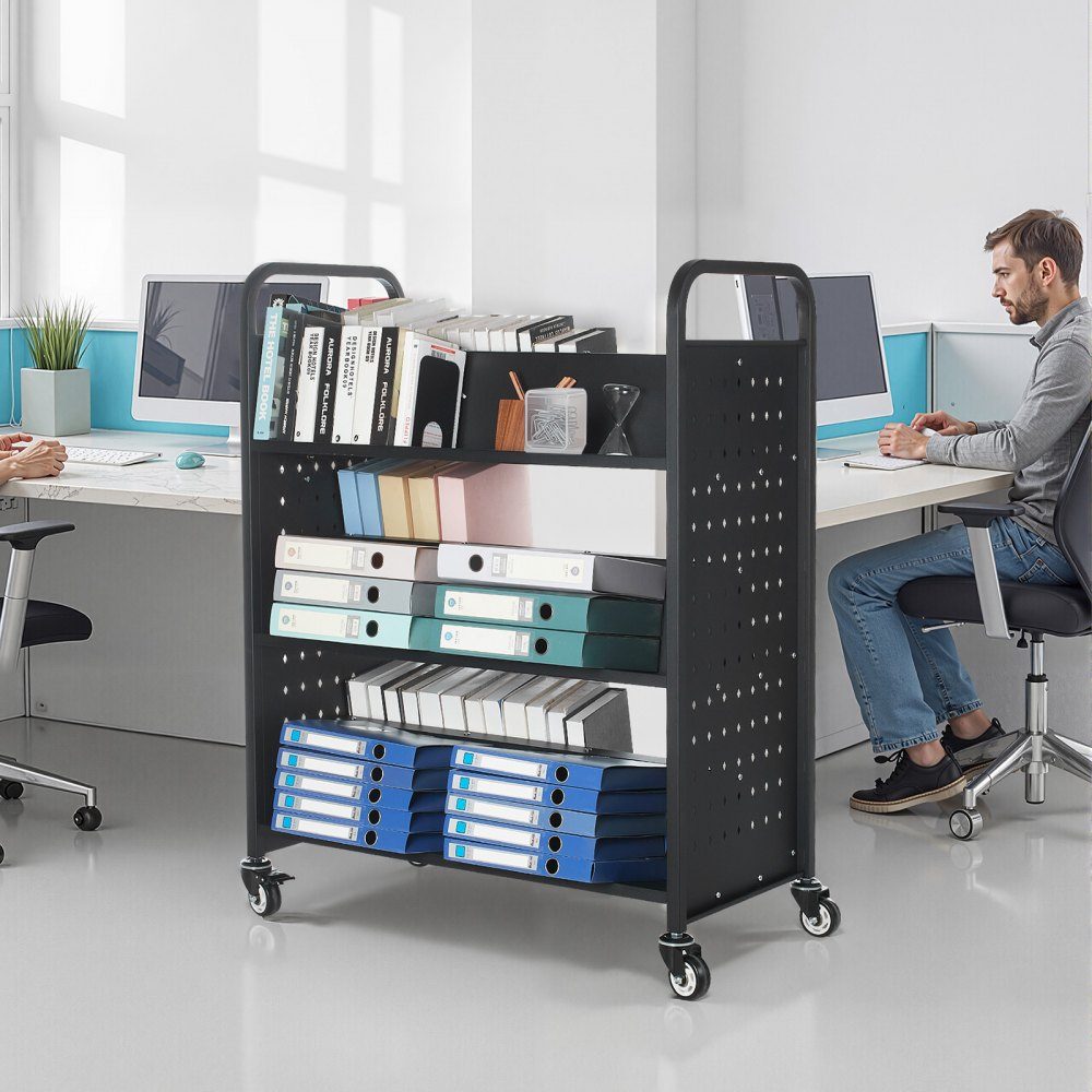 Bücherwagen, 159 kg Tragkraft, Bibliothekswagen, 970 x 515 x 1225 mm, doppelseitiges W-förmiges Bücherregal mit Doppelbremsrädern, Aufbewahrungswagen für Wohnzimmer, Büro, Schule, Schwarz