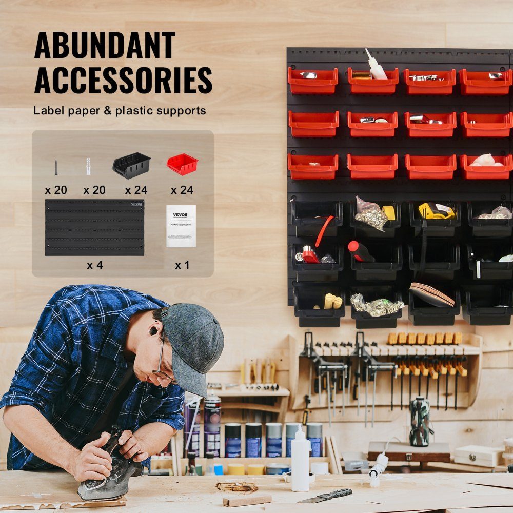 Stacking Boxes, 48 ​​Container Parts Shelf Organizer for Garage, Plastic Shop Tool with Wall Panels, Tool Organizer for Nuts, Bolts, Screws, Nails, Beads, Buttons, Black and Red