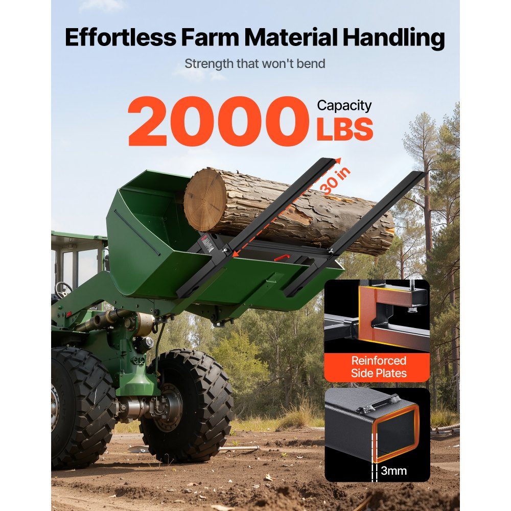 Pallet Forks 907kg, Clamp Fork Carrier, 1090mm Overall Length, Forks with Adjustable Stabilizer Bar for Tractor Attachments, Loader Bucket and Skid Steer Loader, Black