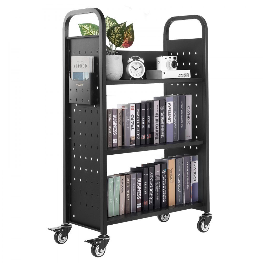 Bücherwagen, 150 kg Tragkraft, Bibliothekswagen, 77 x 38 x 122 cm, einseitiges L-förmiges Bücherregal mit Doppelbremsrädern, Bücherregalwagen für Wohnzimmer, Büro, Schule, Schwarz