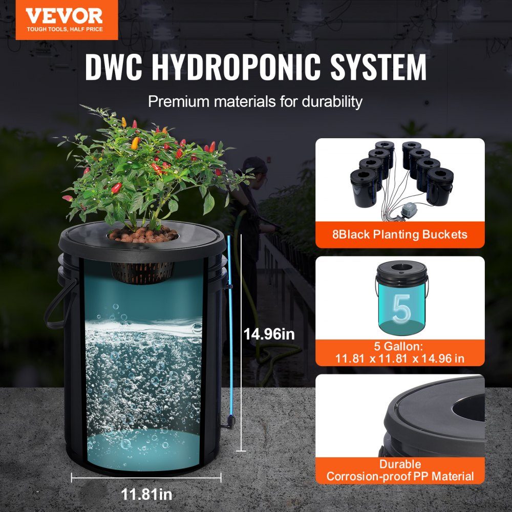 DWC Hydroponics Grow System, Hydroponic Growing System, Deep Water Culture 5-Gallon 8 Bucket, DWC System with Air Pump, Air Stones and Water Level Indicator for Leafy Vegetables