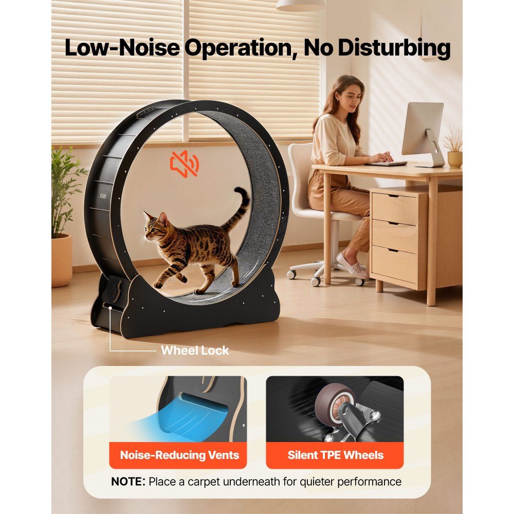 Vélo d'exercice pour chat, roue d'exercice en bois de 1080 mm de diamètre intérieur pour chats de 8,6 à 12,7 kg, tapis roulant pour chat avec tapis de sol et mécanisme de verrouillage, jouet silencieux pour chats d'intérieur, noir
