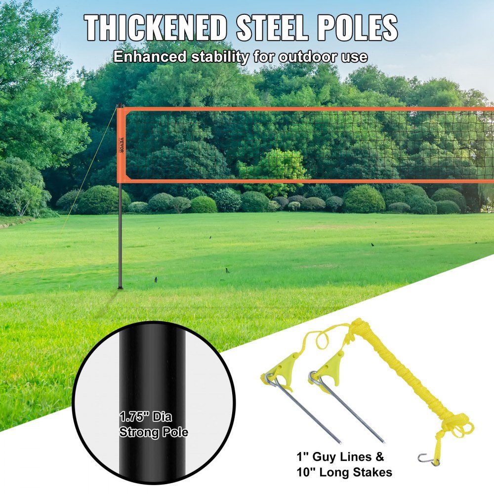 Volleyball Net Height Adjustable Volleyball Net Set, 9.7x2.4m Portable Beach Volleyball Net, Orange Volleyball Net, Foldable Volleyball Net with Volleyball & Carry Bag, for Garden, Beach