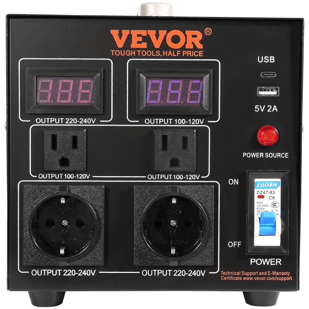 2000 W Spannungswandler-Transformator AC 110 V⇋220 V Transformator-Konverter 2x US NEMA 5-15R 3-polig/2x standardmäßige europäische Shucko-Ausgangsbuchsen, 1x 5V USB-Anschluss, 1x Typ-C-Buchse