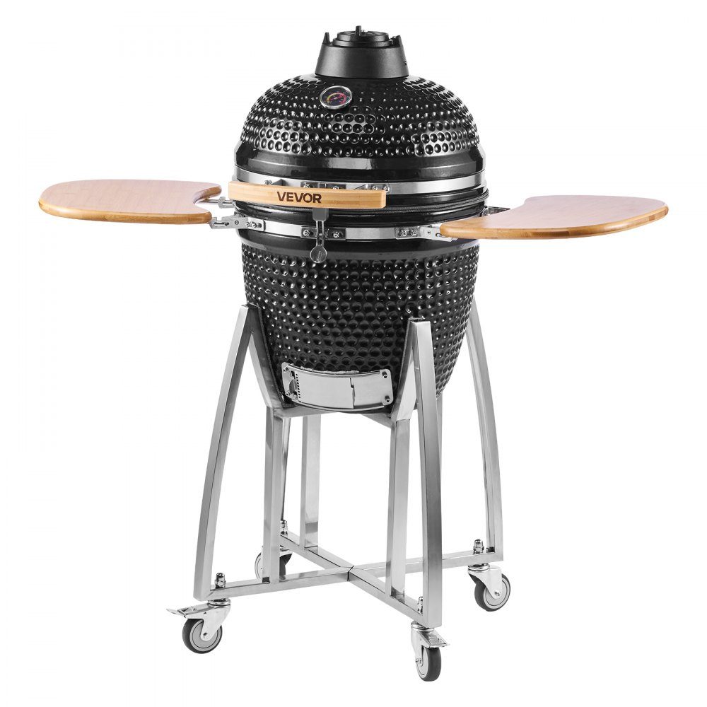Kamado-Grill, Keramikgrill, Smoker Ø 450 mm, mit Holzgriffen, Seitenablagen, Metallständer mit Rädern & Thermometer bis 400°C, oberer & unterer Luftstrom, zum BBQ, Grillen, Kochen & Backen im Freien