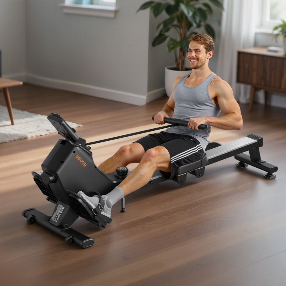Quiet Magnetic Rowing Machine with 16 Resistance Levels, Foldable Home Rowing Machine with Smooth Pulley Design and LCD Monitor, Bluetooth App Compatible, 158kg Load Capacity