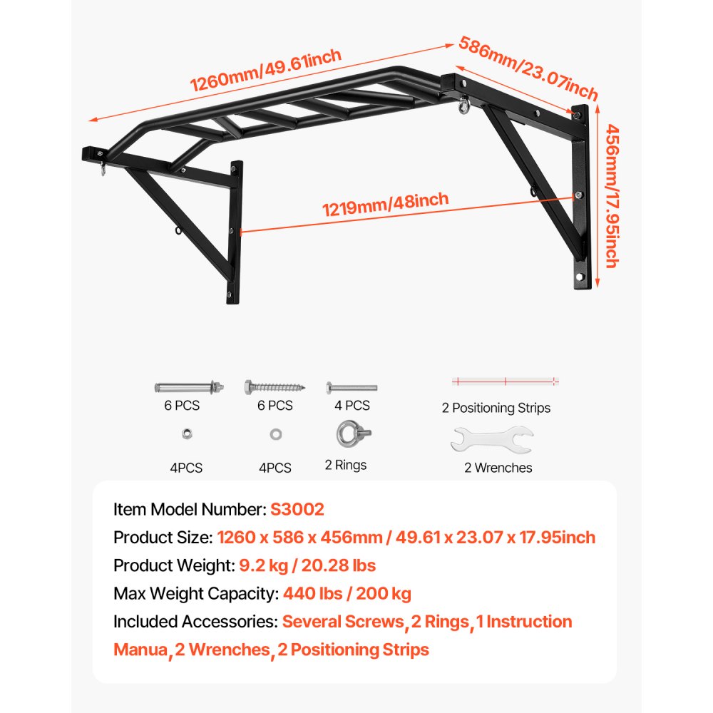 Aan de muur gemonteerde optrekstang, 50" brede multifunctionele stalen trainingsstangen voor het bovenlichaam met hangers, optrektrainingsstation (draagvermogen van 200 kg), sportschool Aan de muur gemonteerde optrekstang, 50" brede multifunctionele stalen trainingsstangen voor het bovenlichaam met hangers, optrektrainingsstation (draagvermogen van 200 kg), sportschool