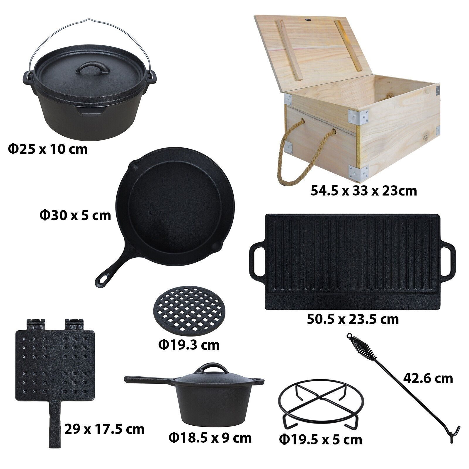 Dutch Cooking Pot 11-teiliges Oven Set Pot with Wooden Box Grill Plate Cast Iron Outdoor