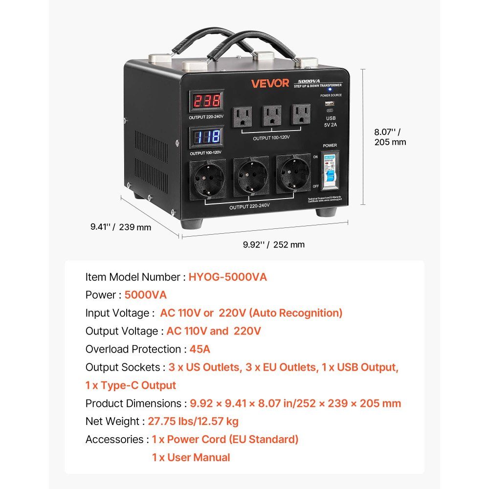 Voltage Converter Transformer 5000VA Heavy Duty Step Up/Down Transformer 110V to 220V and 220V to 110V with 3 US Sockets 3 EU Sockets LCD Display Circuit Breaker
