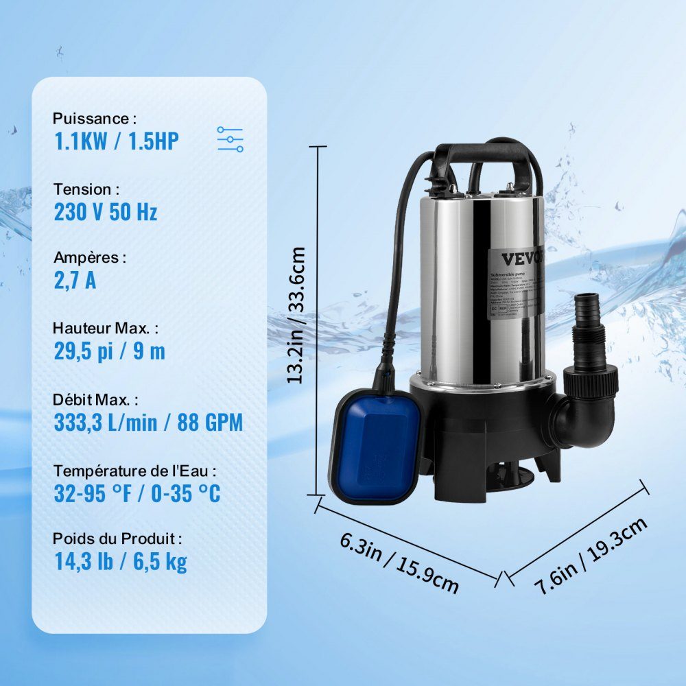Tauchpumpe 1100 W Schmutzwasserpumpe 230 V Gartenpumpe Durchfluss 333,3 l/min Schmutzwasser-Tauchpumpe IPX8-Auslass zuschneidbar zum Pumpen von Wasser aus Schwimmbeckenteichen