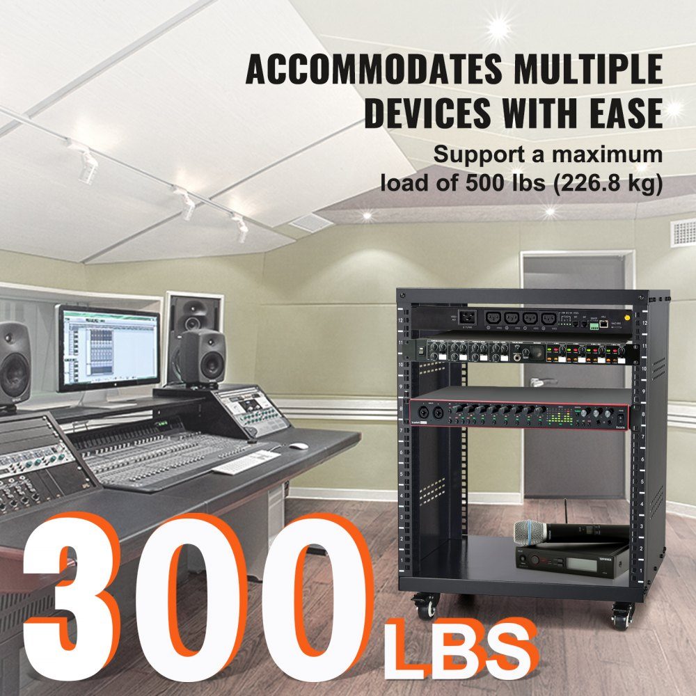 12U AV-Rack-Ständer, 500 Pfund Kapazität, Netzwerk-Stereo-Aufnahmestudio-Rack mit feststellbaren Lenkrollen, runden und quadratischen Löchern, speziellen Lüftungsschlitzen für die Montage von 19-Zoll-Audio-, Video-, Musik- und IT-Geräten