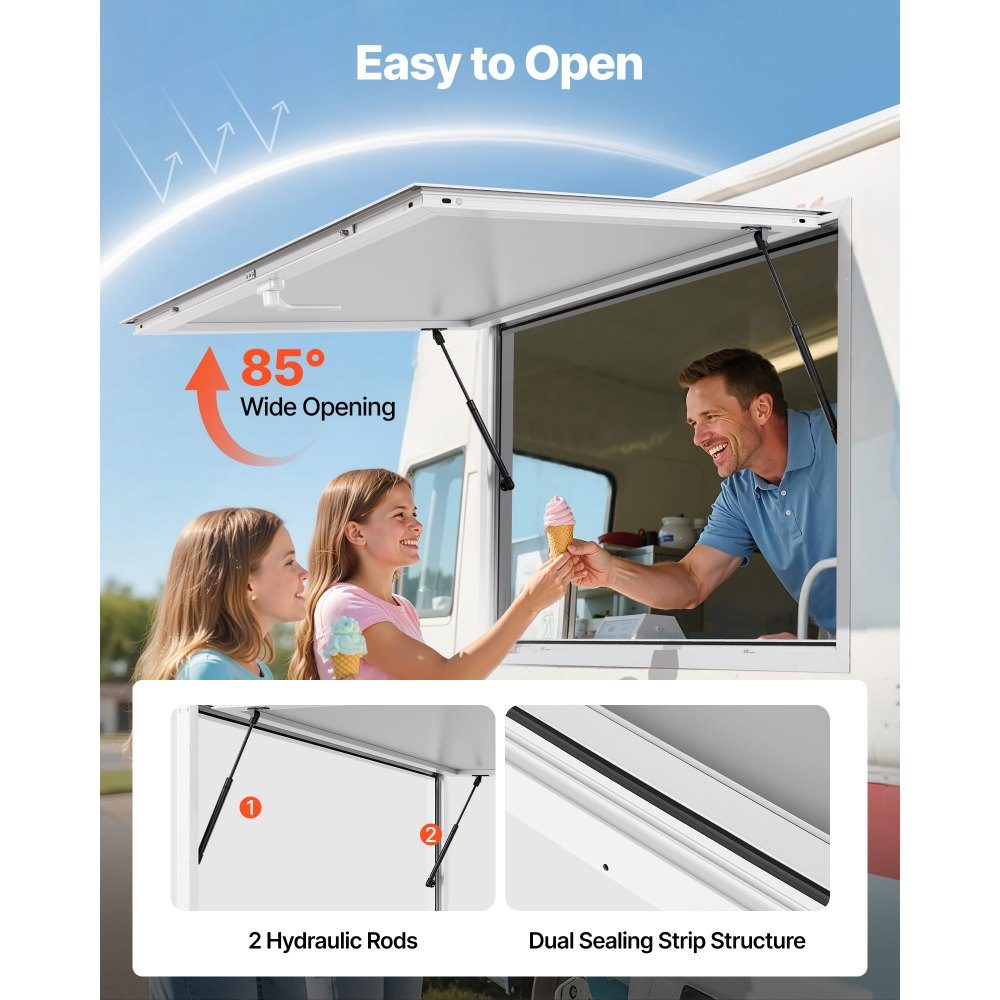 Snack window (1880 x 1016 mm), service window with aluminum frame for snack trailers, serving window with 85° opening angle for food trucks, rainwater-resistant drinks window