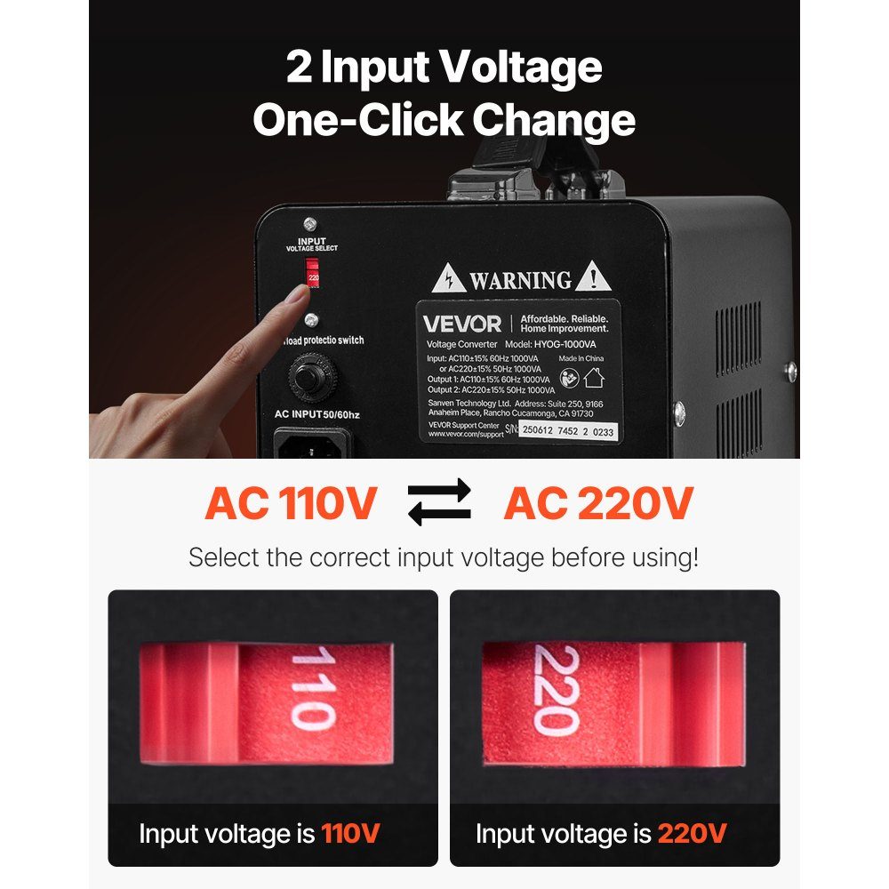 Voltage Converter Transformer, 1000VA Step Up/Down Power Transformer, 110V to 220V and 220V to 110V Conversion, with US and EU Sockets, Power Cord, Circuit Breaker
