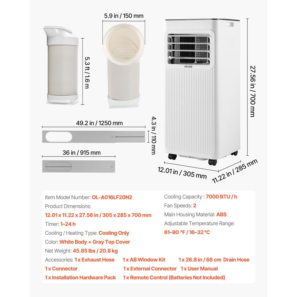 Mobile Air Conditioner 7000 BTU 2.05KW with Exhaust Hose, 3-in-1 Mobile Air Conditioner with Cooling, Ventilation, Dehumidification, Portable Air Conditioner with LED Display, Remote Control, 24 Hour Indoor Timer