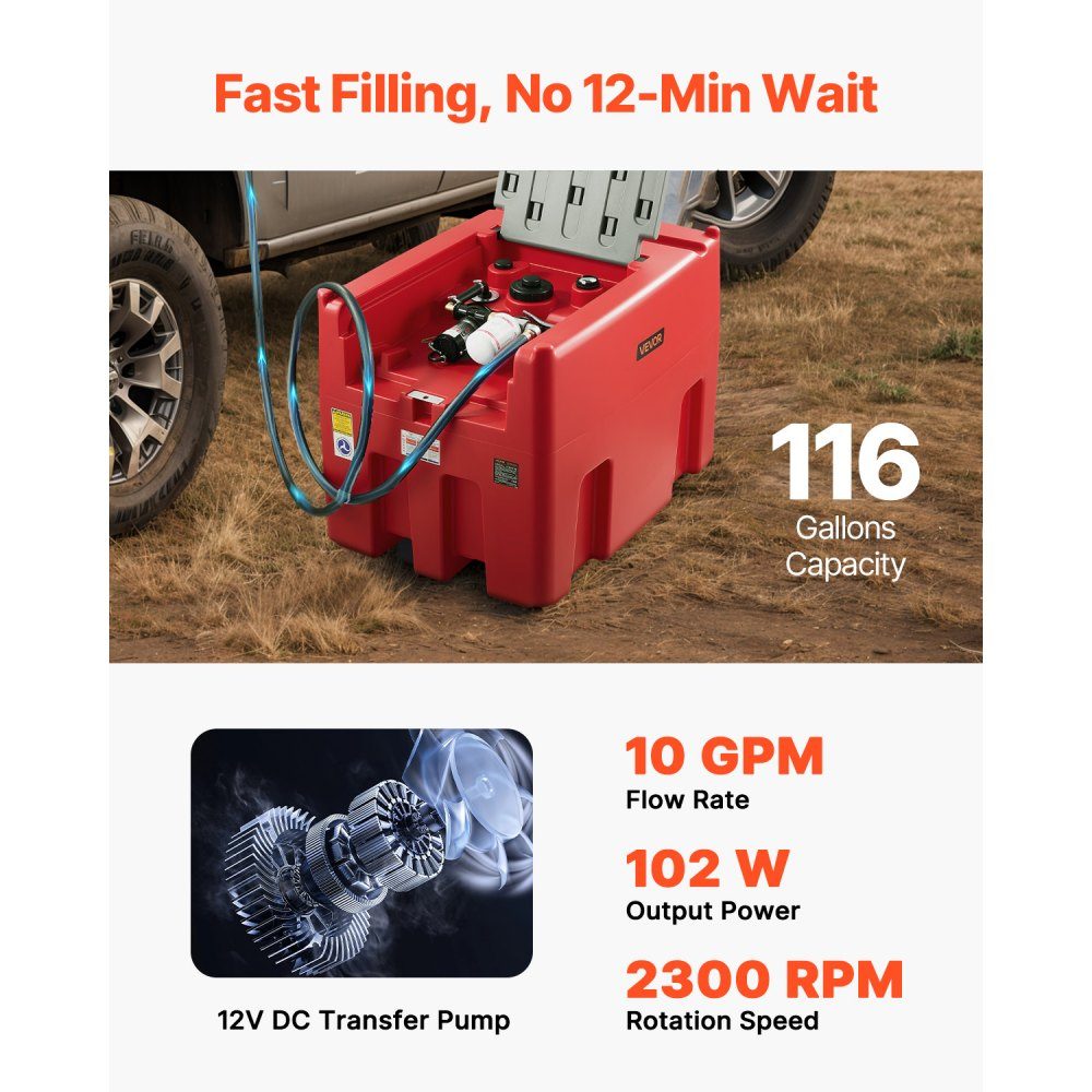 Portable Diesel and Petrol Tank, 440L, 45L/min Flow Rate, Diesel Fuel Tank with 12V Transfer Pump, 4m Hose, Automatic Refueling Nozzle, Fuel Transport Transfer Tank, Red