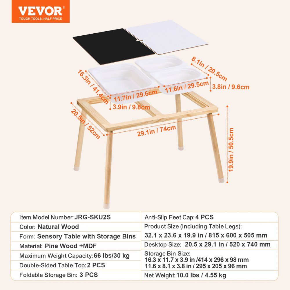 Sensory Table for Toddlers, Activity Table with 3 Foldable Storage Bins and Double Sided Board, Sand and Water Table, Wooden Sensory Table for Kids to Learn Drawing and Eating