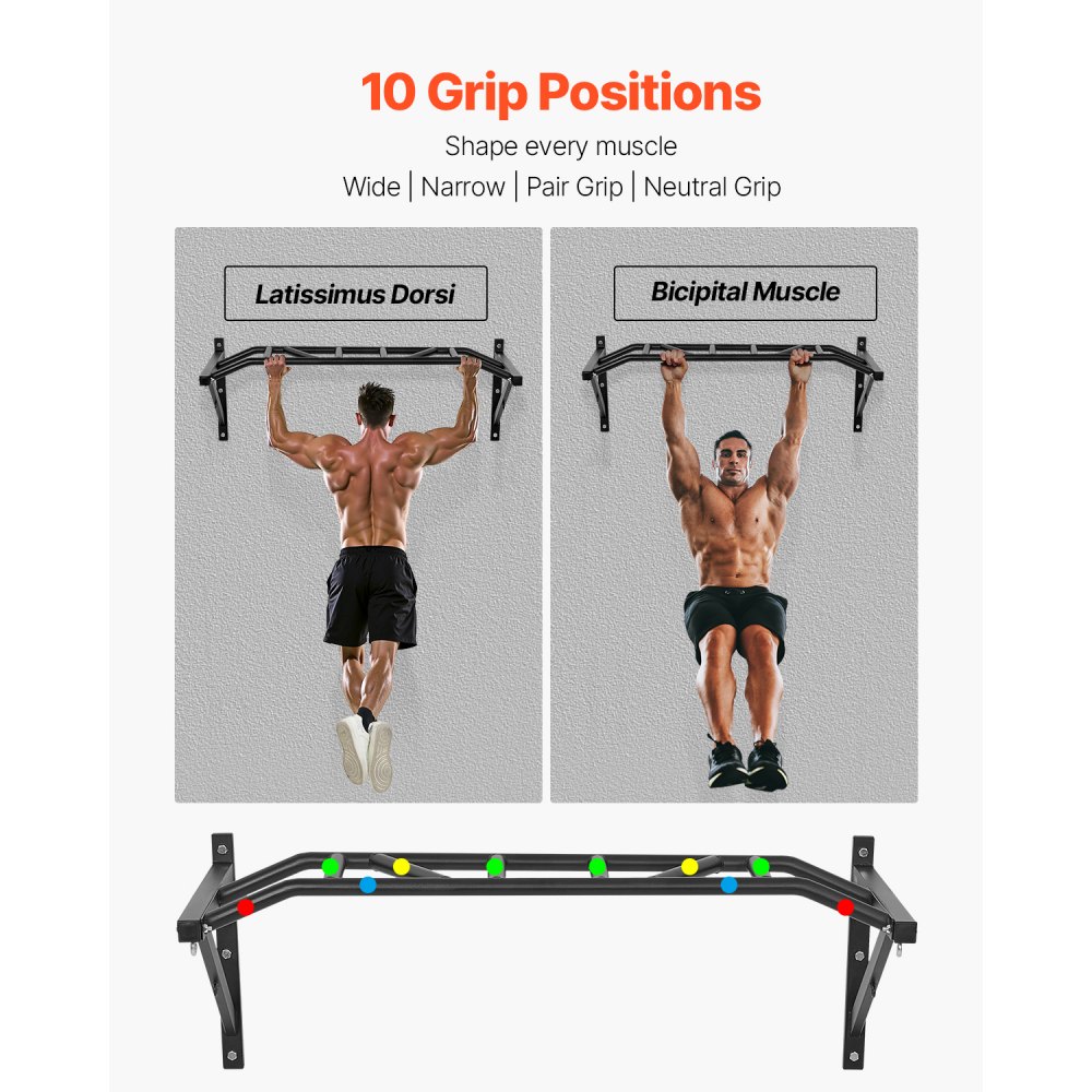 Aan de muur gemonteerde optrekstang, 50" brede multifunctionele stalen trainingsstangen voor het bovenlichaam met hangers, optrektrainingsstation (draagvermogen van 200 kg), sportschool Aan de muur gemonteerde optrekstang, 50" brede multifunctionele stalen trainingsstangen voor het bovenlichaam met hangers, optrektrainingsstation (draagvermogen van 200 kg), sportschool