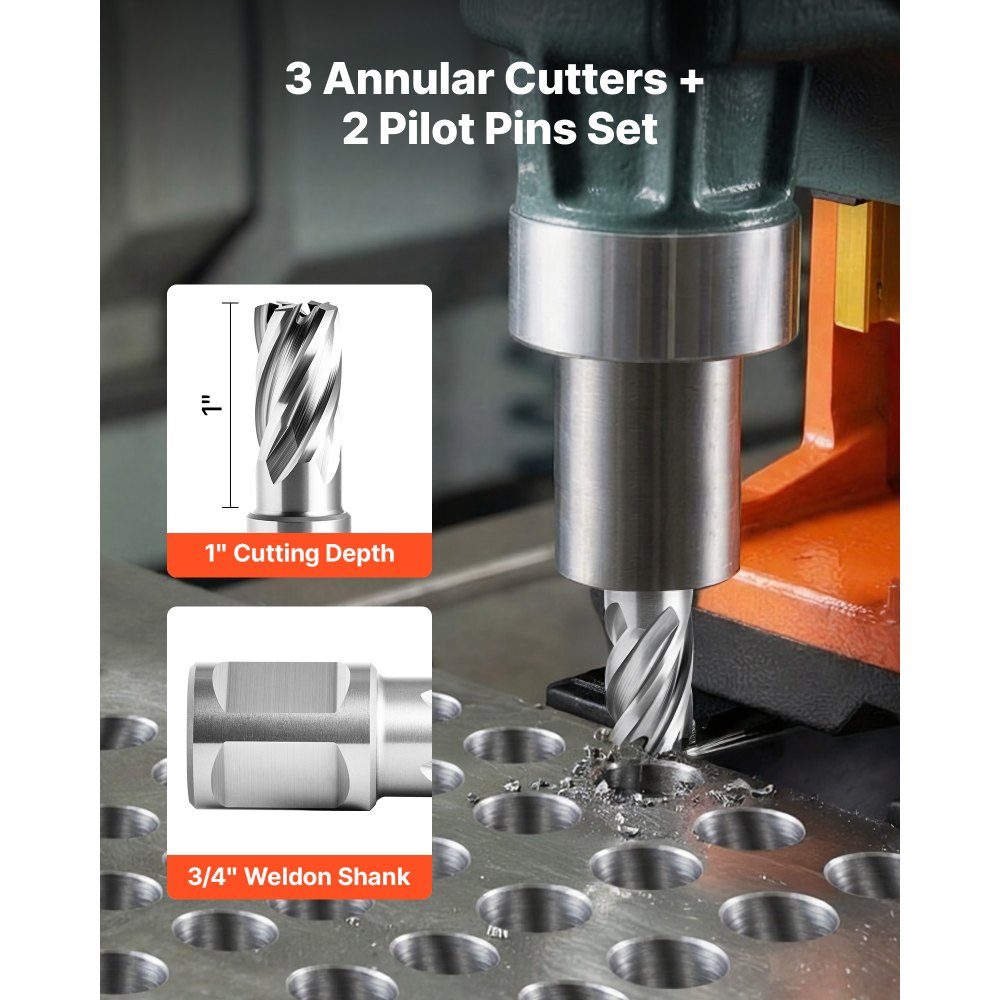 HSS core drill Weldon shaft 5 pieces. Magnetic drill 15.9 mm cutting diameter, 3 drill bits with 2 centering pins, 25.4 mm cutting depth, 3 plastic boxes, for magnetic drills, steel, aluminum