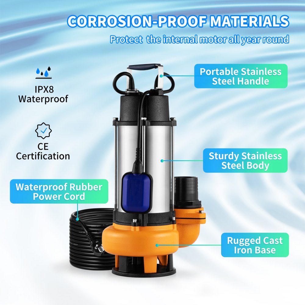 Schmutzwasserpumpe mit variablem Schwimmerschalter Tauchpumpe 2200W Gartenpumpe Fördermenge 60000L/h Schmutzwasser-Tauchpumpe max. Hub 18m Wasserpumpe IPX8 Ideal zum Pumpen von Wasser