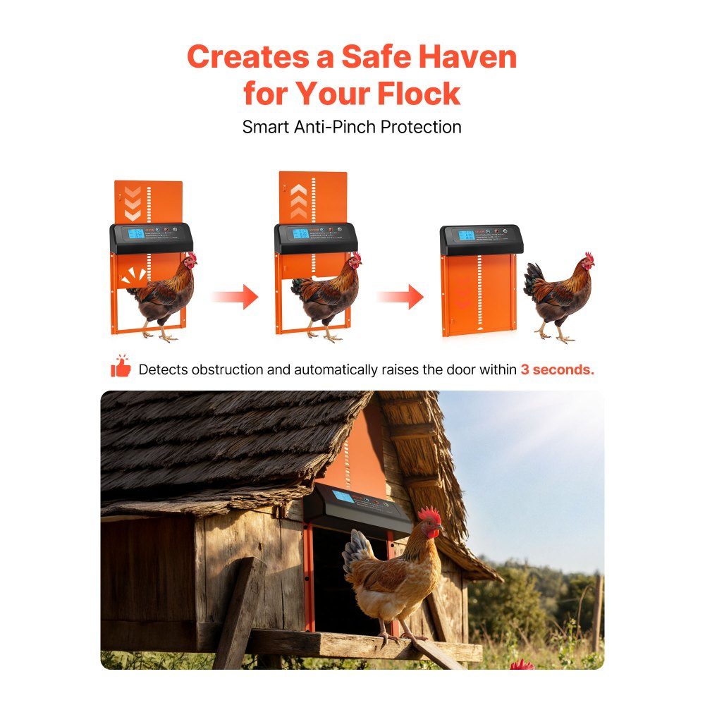 Automatic Chicken Flap Chicken Coop Door with Timer Manual Setting and Anti-Pinch Chicken Door Chicken Coop Gate Opener with Waterproof Seal Orange 350 x 250 x 73mm