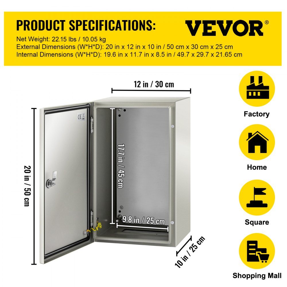 Armoire électrique en acier au carbone, armoire de distribution, boîtier industriel 50x30x25cm, boîte de commutation IP66 et NEMA, boîte de jonction étanche, boîte électrique idéale pour les usines, les chantiers de construction, les centres commerciaux,