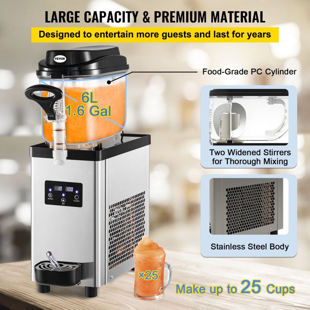 Commerciële Slushy Machine 6L Cups Single Bowl Slush Ice Cream Maker 300W 220V Roestvrij staal Margarita Smoothie Vriezer Drankmaker Slushie Machine voor supermarkten, cafés, restaurants, bars