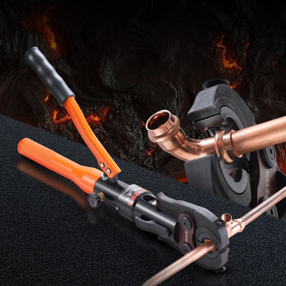 Hydraulic pipe crimping tool for copper pipe connections, pressing pliers with V12, V15, V18, V22, V28 quick-change jaws, 360° rotating press set for T-connections in tight spaces, hydraulically powered