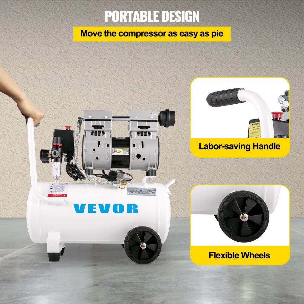 Whisper compressor 25 L, quiet oil-free compressor 750 W, oil-free air compressor 60 dB, compressed air compressor, quiet compressed air boiler 165 L/min exhaust air volume, with built-in exhaust fan