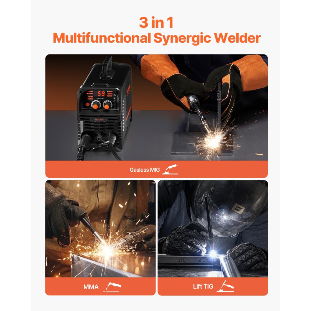 MIG Welder, 130A Synergic MIG Welding Machine, 3 in 1 Flux Core MIG/MMA/Lift TIG Multi-Process Welder, Welder with IGBT Inverter Technology and Digital Display Screen