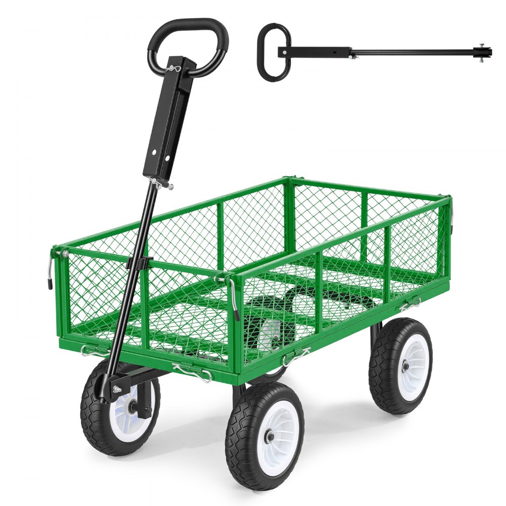 Chariot à bras capacité de charge 408,2 kg, chariot de jardin avec pneus PU, chariot de transport en acier avec poignée réglable, parois latérales amovibles, chariot d'équipement pour fixation sur VTT ou tracteur, vert Chariot à bras capacité de charge 408,2 kg, chariot de jardin avec pneus PU, chariot de transport en acier avec poignée réglable, parois latérales amovibles, chariot d'équipement pour fixation sur VTT ou tracteur, vert