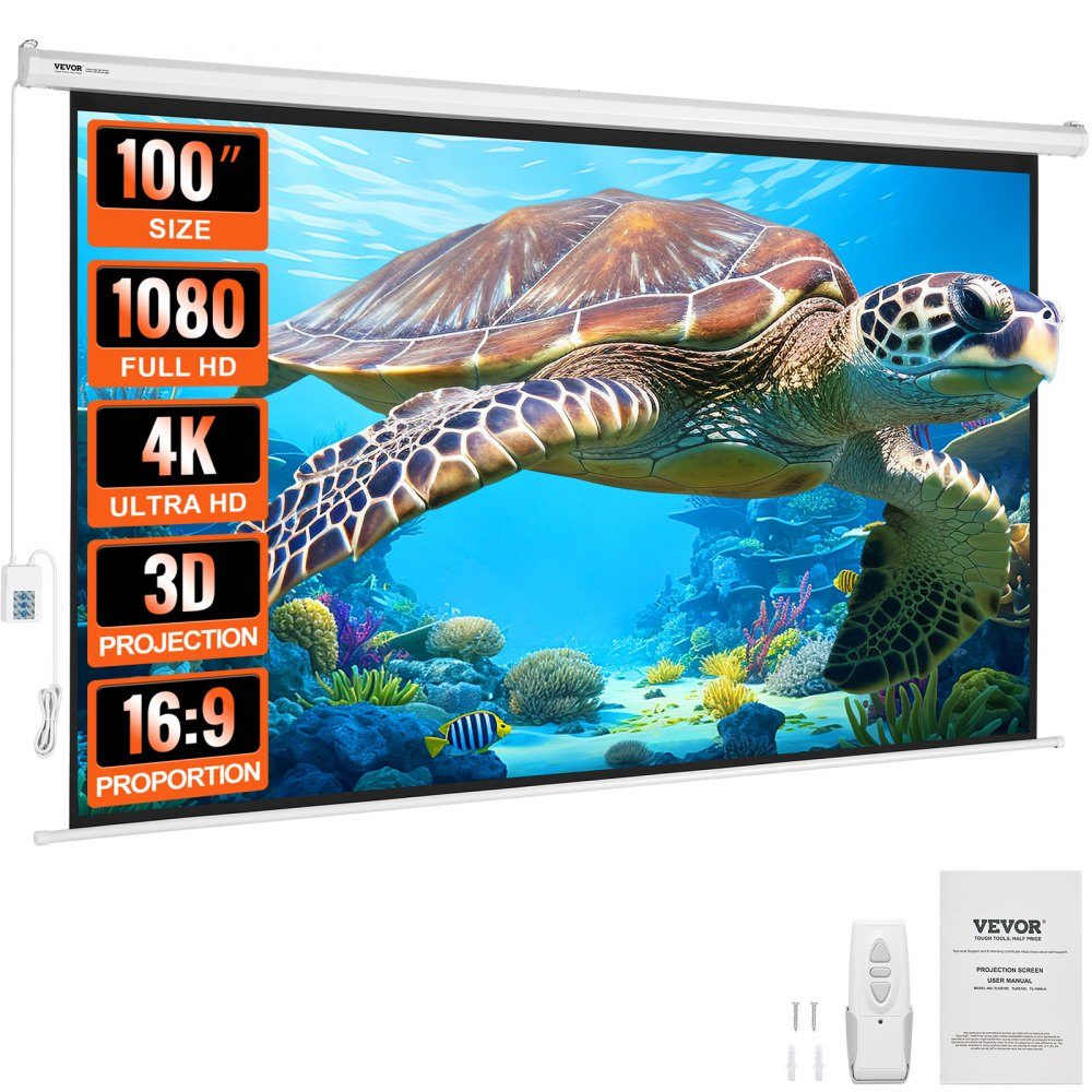 Motorized Projector Screen, 100 Inch 16:9 4K 1080 HD Electric Projector Screen, Automatic Projection Screen with Remote Control, Wall Mounted Cinema Screen for Family Home Office Theater