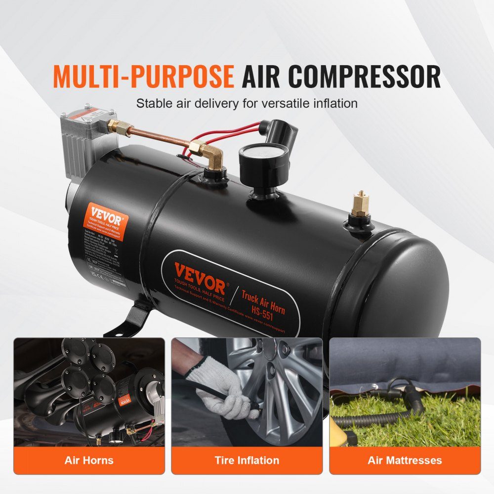 12V Air Compressor Kit with Tank 3L, Train Horn Air Compressor Kit, 90-120 PSI Working Pressure, Integrated Air Compressor System for Train Air Horns, Inflating Tires, Trucks, SUVs, etc. Black