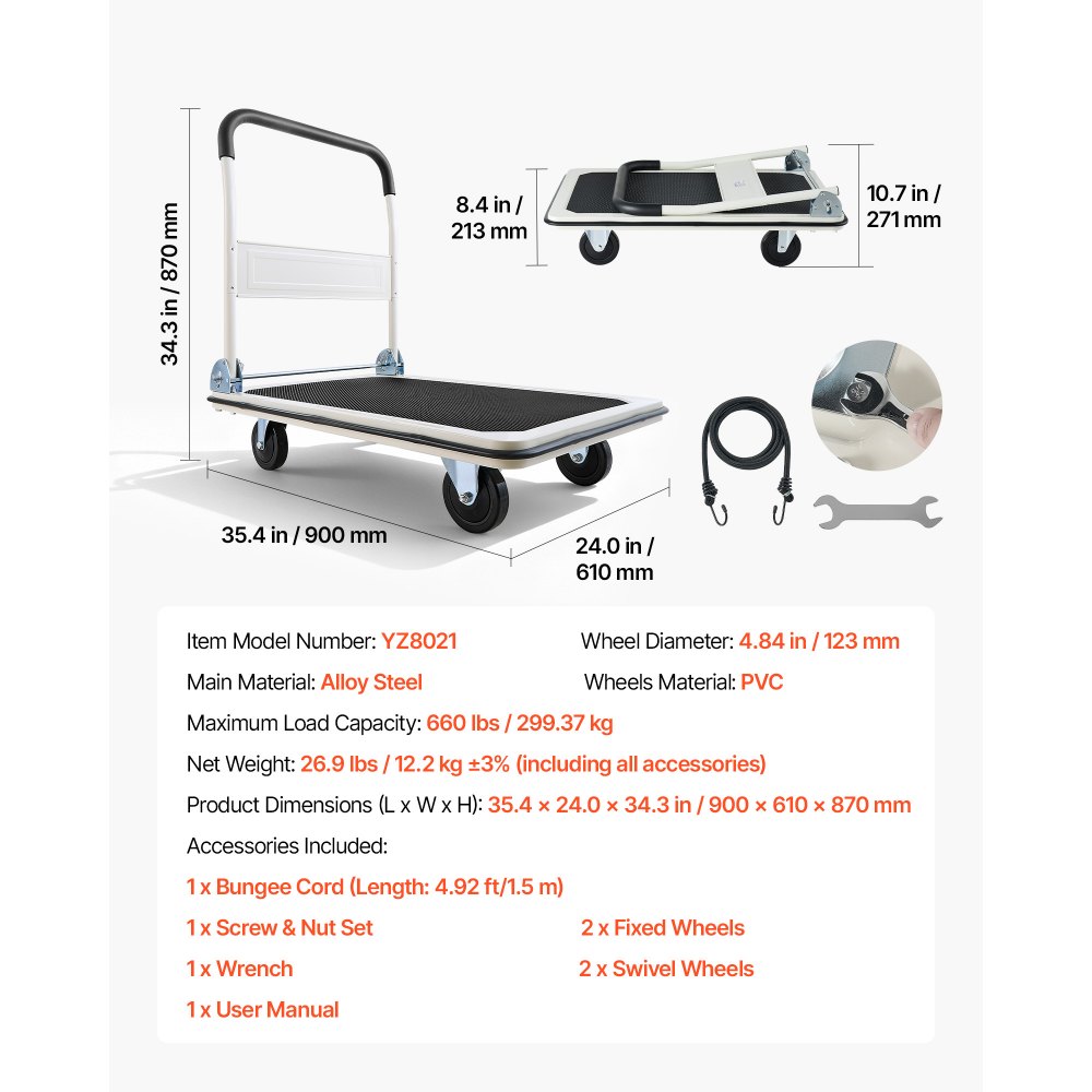 Foldable platform trolley 300 kg, transport trolley with swivel castor, hand trolley loading area with anti-slip coating, transport aid for easy storage, 900x610x870 mm trolley Foldable platform trolley 300 kg, transport trolley with swivel castor, hand trolley loading area with anti-slip coating, transport aid for easy storage, 900x610x870 mm trolley