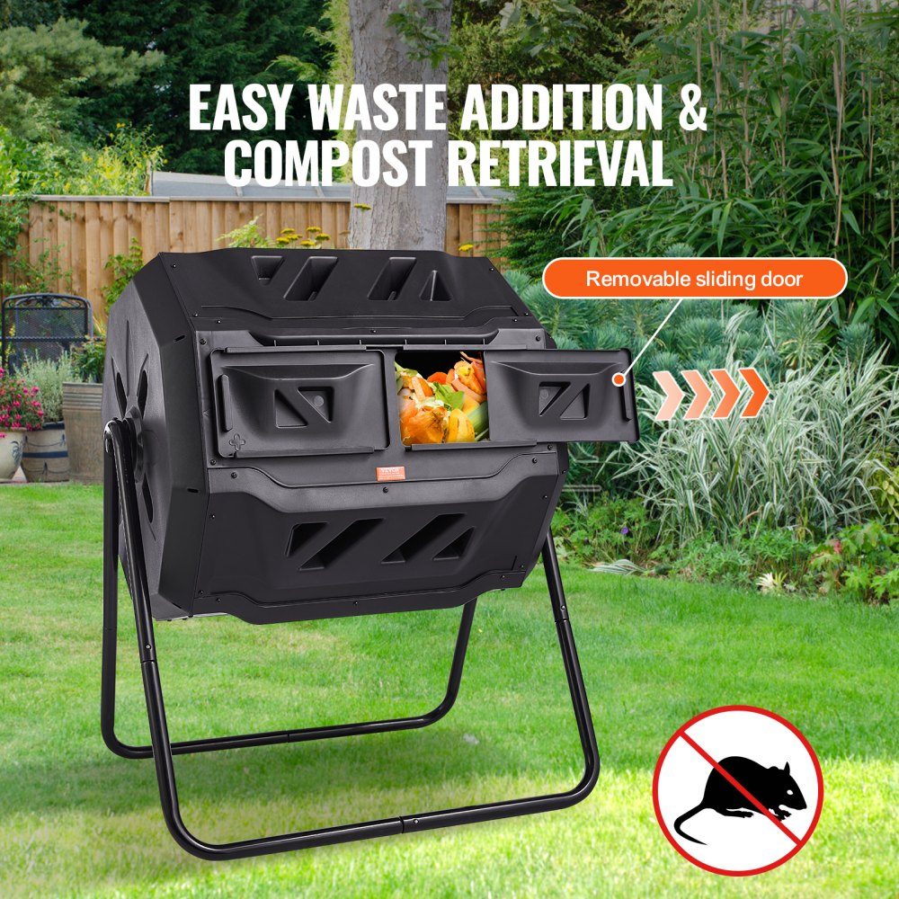 Trommelcomposter, composttrommel 162,7 L, trommelcomposter roterende dubbelkamer-trommelcomposter 735 x 625 x 955 mm, 50 kg zware tuincomposter incl. handschoenen