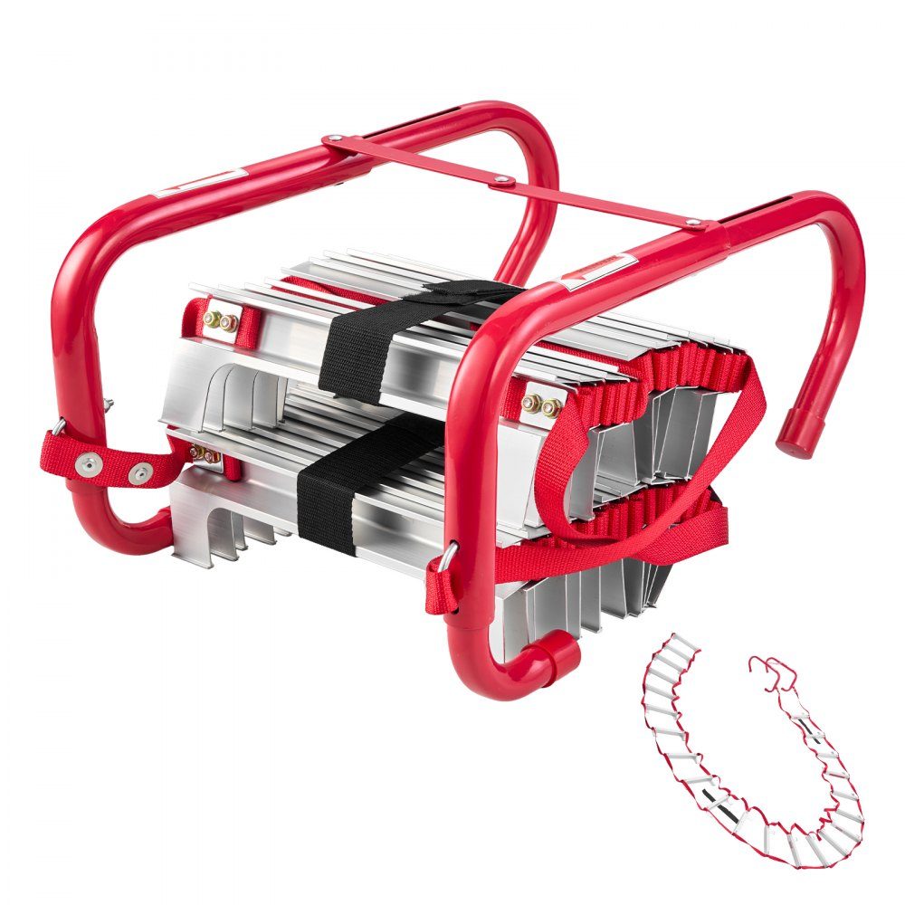 Feuerleiter, 7,6 m, einziehbare Rettungsleiter, max. 450 kg, leichte Notleiter aus Aluminiumlegierung mit hochfestem Polyesterband, rutschfesten Sprossen und breiten Stufen, 3 Etagen