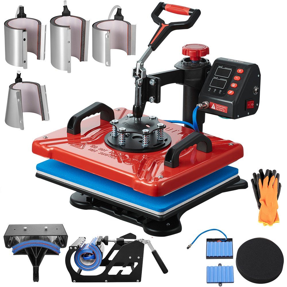 Heat Press 38x30cm Transfer Press 10 in 1 T-Shirt Press Red Textile Press Hot Press 360 Degree Rotating Multifunctional Sublimation Machine