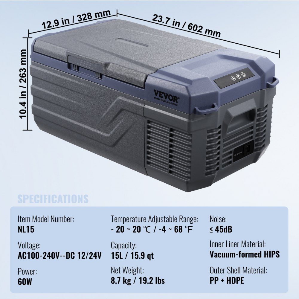 Car Refrigerator, 12V Car Fridge, Portable 15L Single Zone Freezer, Adjustable Range from -4℉ to 68℉, 12/24V DC und 100-240-V-AC- Compressor Cooler for Outdoor, Camping, RV