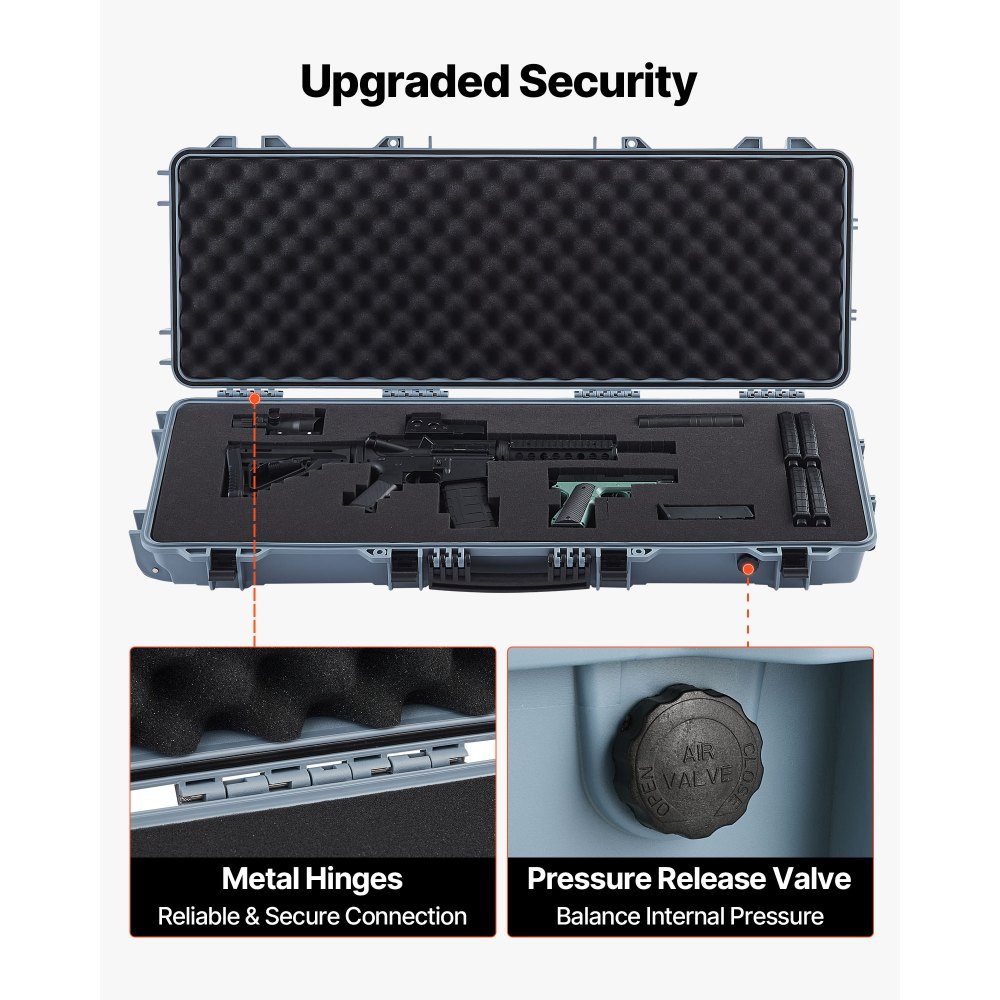 Waffenkoffer mit Hartschale für Langwaffen, abschließbarer Waffenkoffer mit vorgeschnittenem Schaumstoff, Langwaffenkoffer, Waffenaufbewahrung, rollbar, IP67 wasserdicht, 109 x 41 x 15,5 cm grau