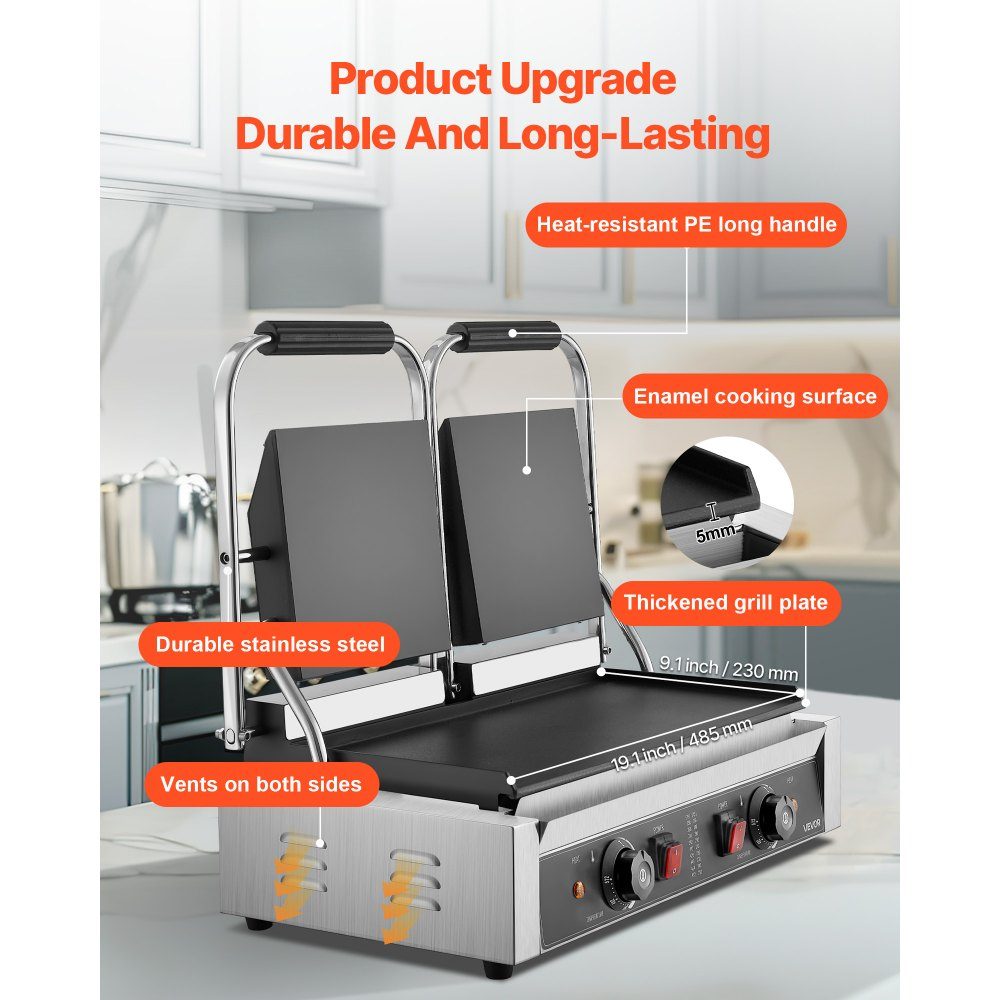 Gewerblicher Kontaktgrill 3600 W Elektrogrill Sandwichmaker (doppelte Backplatten) Paninipresse aus Edelstahl mit Temperaturregelung, 48 x 23 cm flache Emailleplatte, für Hamburger-Steak-Speck